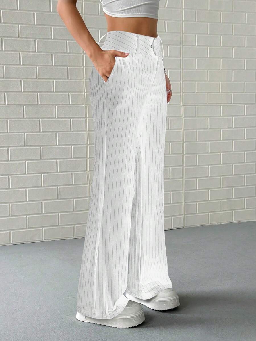 Pantalón de traje a rayas de cintura baja para mujer, elástico, con bolsillos laterales, para primavera y otoño.