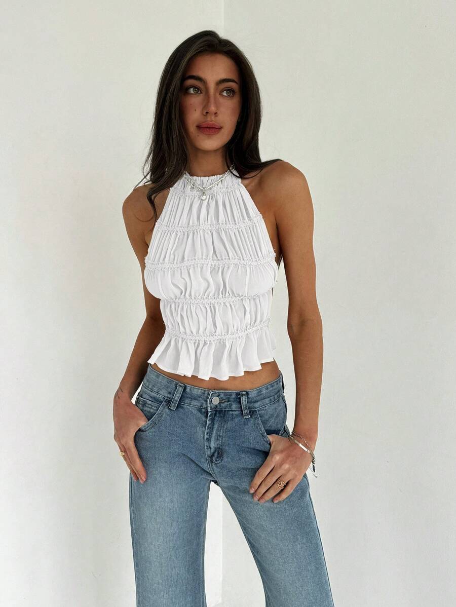 Camisola corta Aloruh para mujer con tirantes ajustables, fruncida, en capas, semitransparente, ideal para citas románticas, ideal para conciertos.