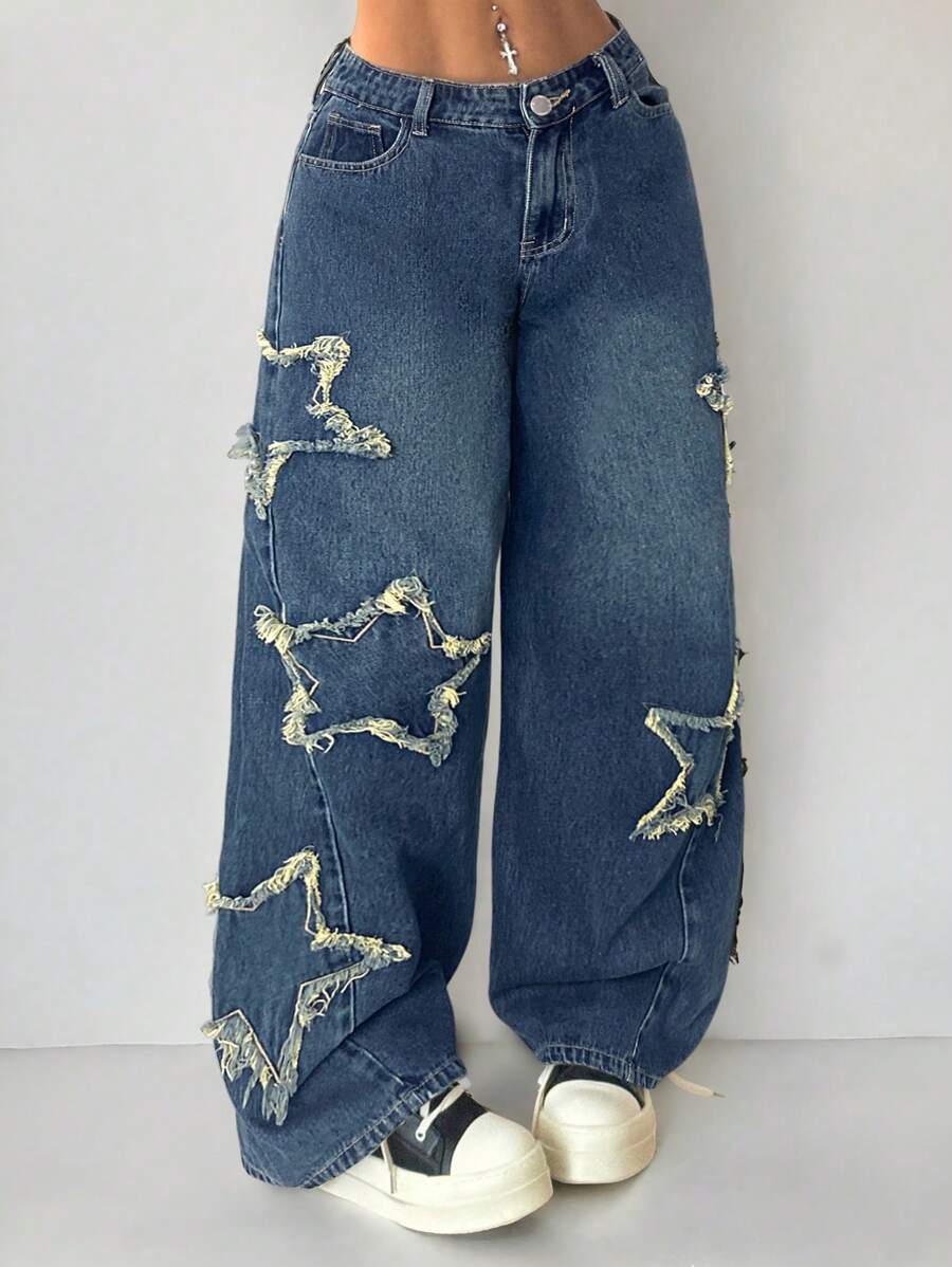 Vaqueros lavados Coolane para mujer, estilo rapero, estilo deportivo, estilo grunge con estampado de estrellas