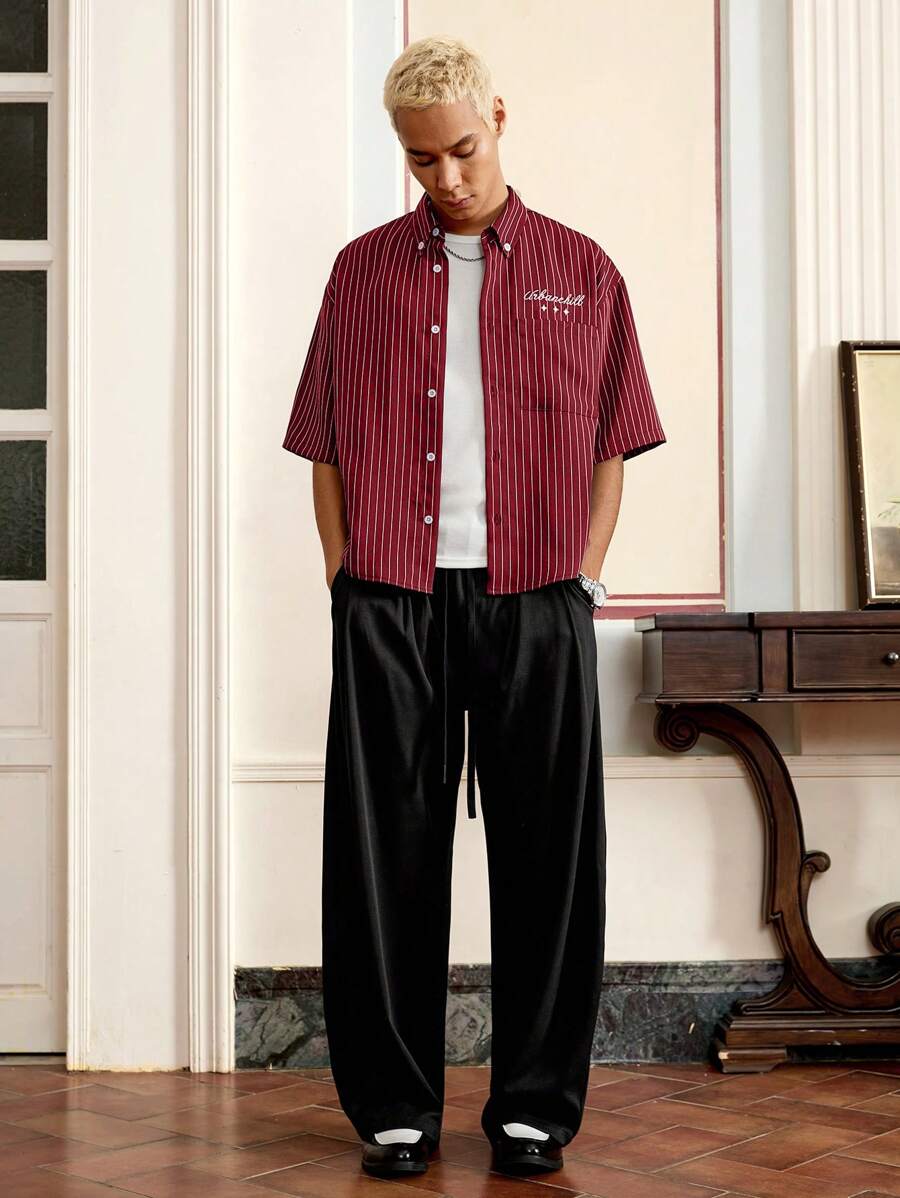 SWAVVY - Pantalones cortos casuales de rayas rojas y blancas de talla estándar para hombre, con camisa bordada holgada, para la escuela