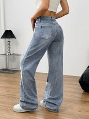 Vaqueros TECCULI SXY para mujer, holgados, informales, versátiles, con bolsillos y pierna ancha desgastada