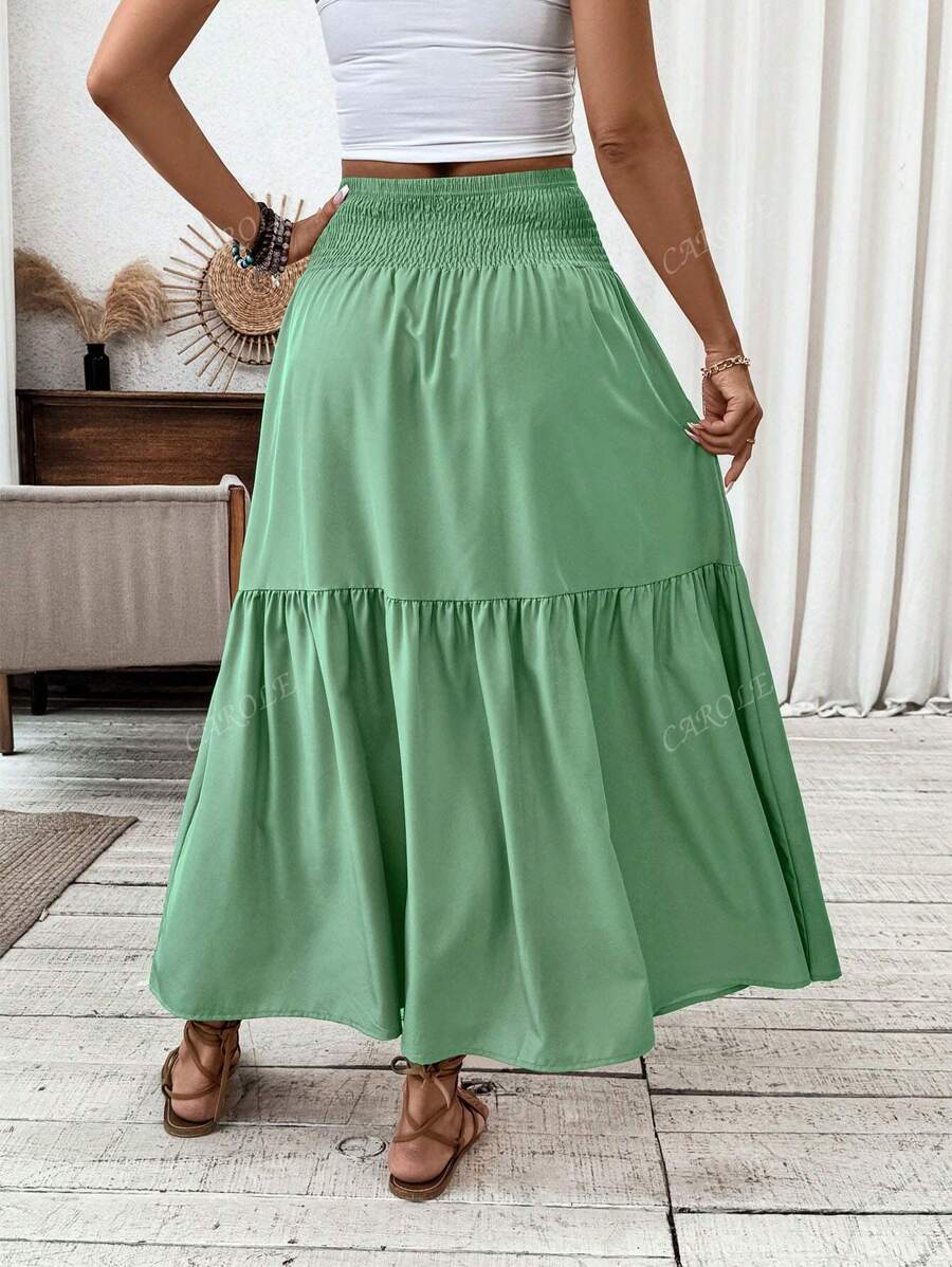 Falda larga informal con estampado floral diminuto para mujer, cintura elástica, bolsillos y bajo con volantes, corte A para verano