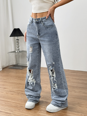 Vaqueros TECCULI SXY para mujer, holgados, informales, versátiles, con bolsillos y pierna ancha desgastada