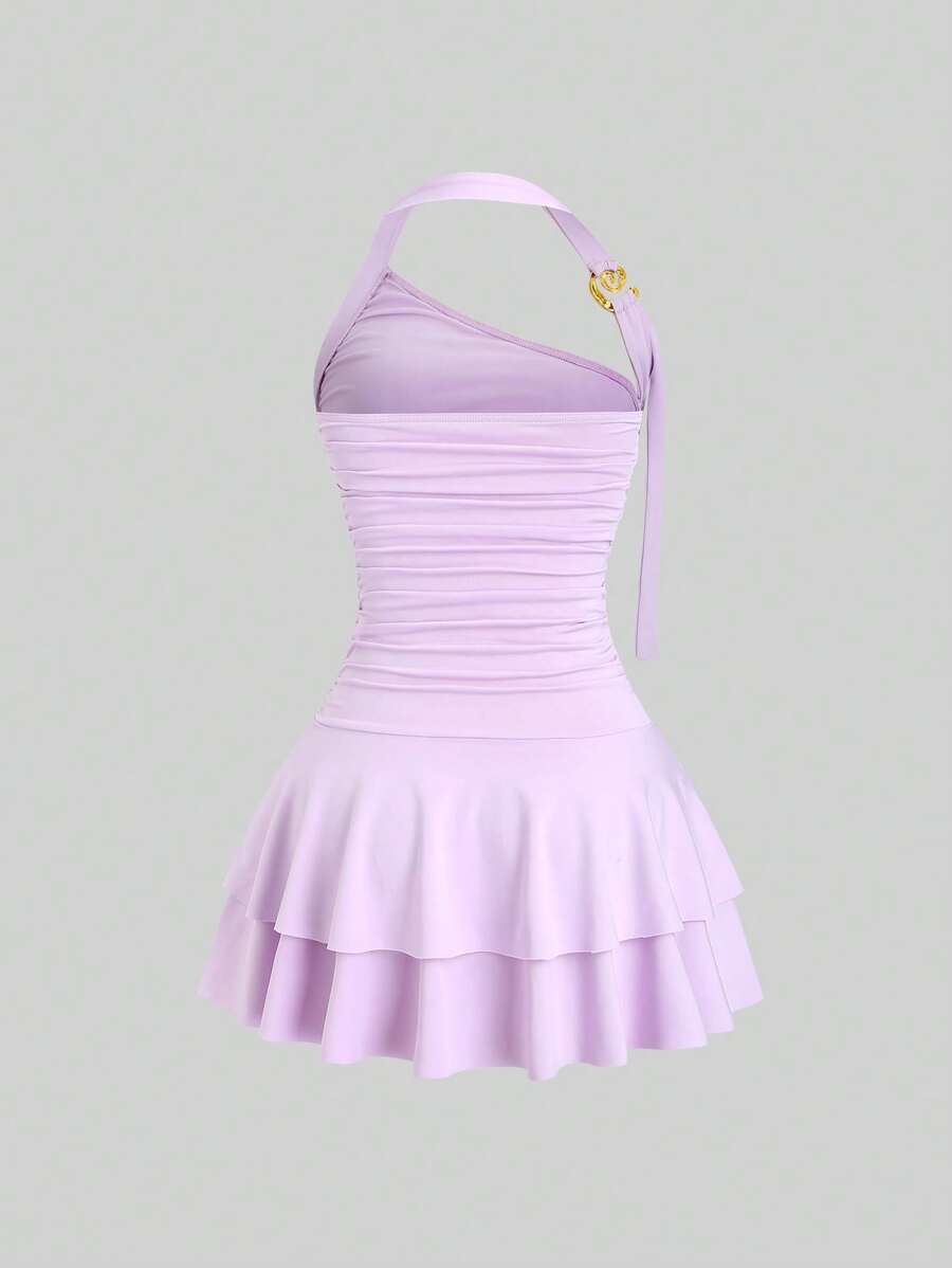 Sweetra - Nuevo collar colgante en espiral dorado con diseño de joyería, minivestido escalonado adelgazante con cintura para mujer