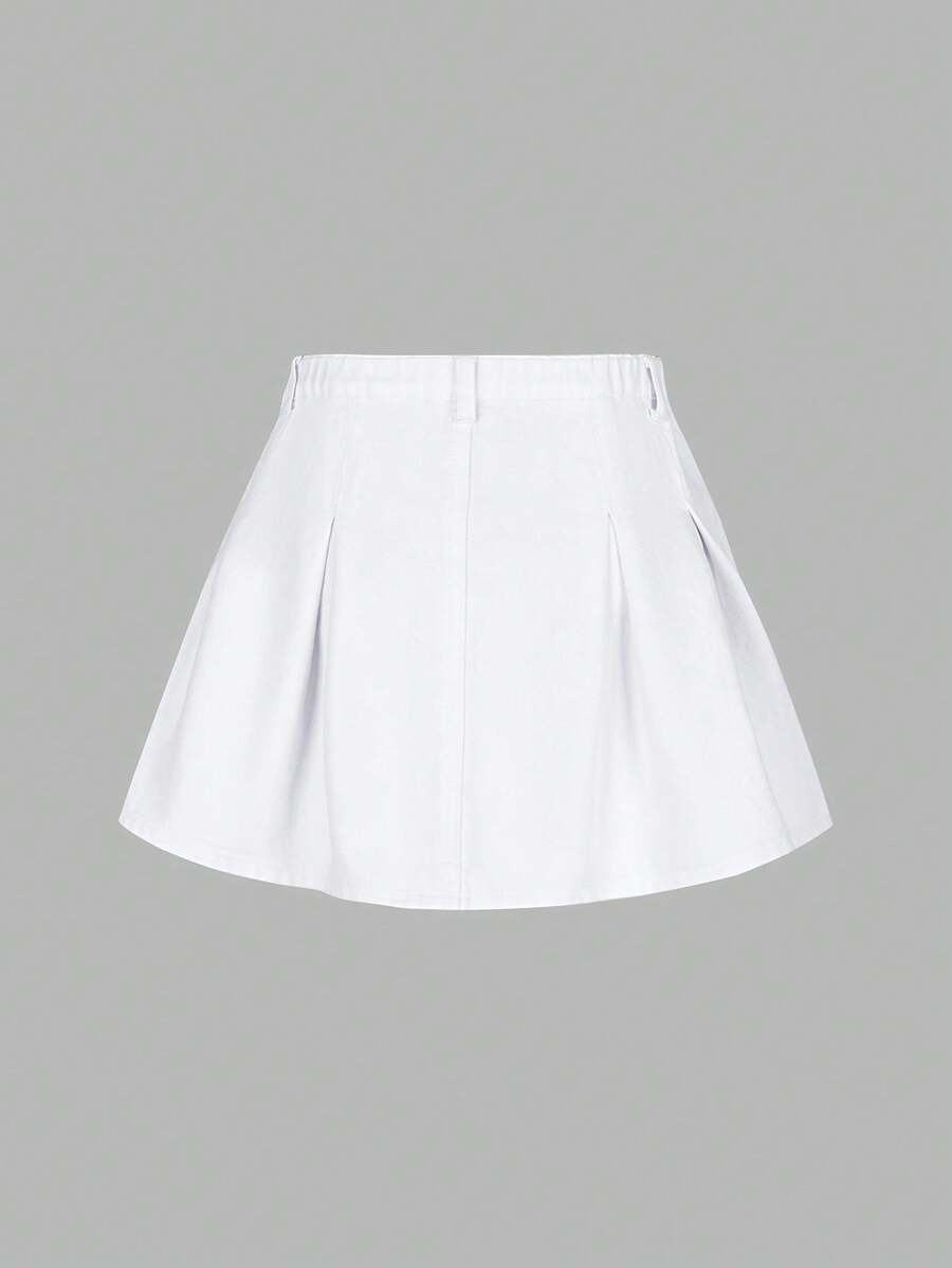 Falda vaquera lavada plisada azul claro, informal, versátil y de moda para niñas preadolescentes con lazo rosa