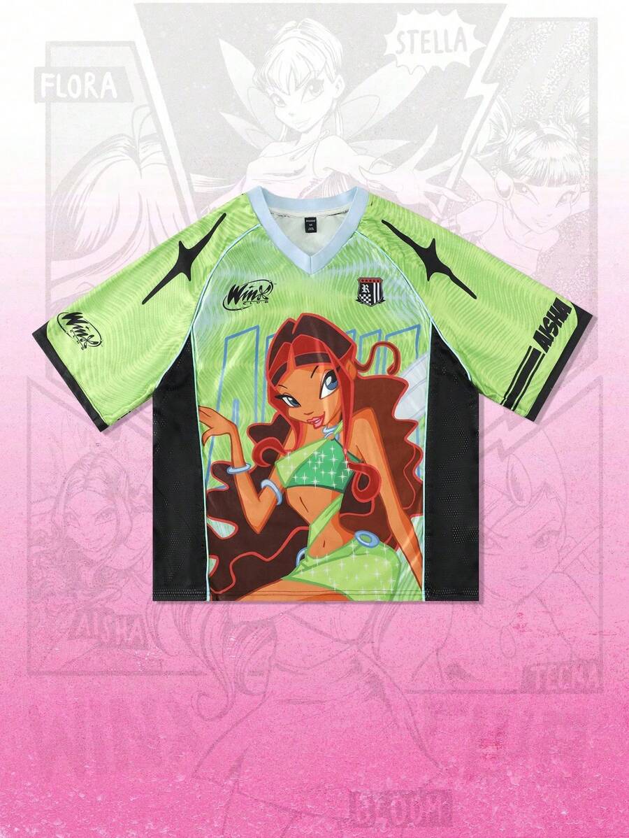 ROMWE MEN Winx Club X ROMWE - Camiseta deportiva de manga corta con diseño de anime y bloques de color, malla y gráfico, para hombre