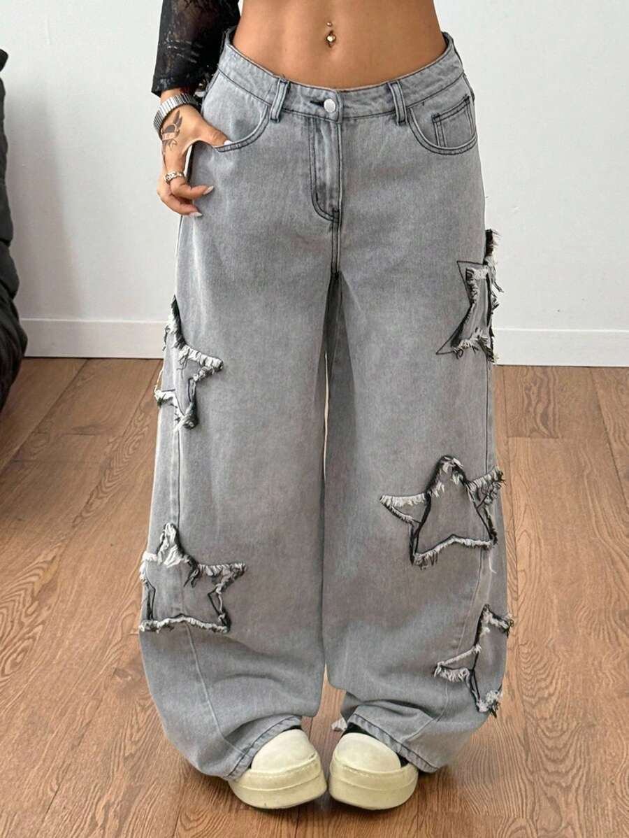 Vaqueros lavados Coolane para mujer, estilo rapero, estilo deportivo, estilo grunge con estampado de estrellas