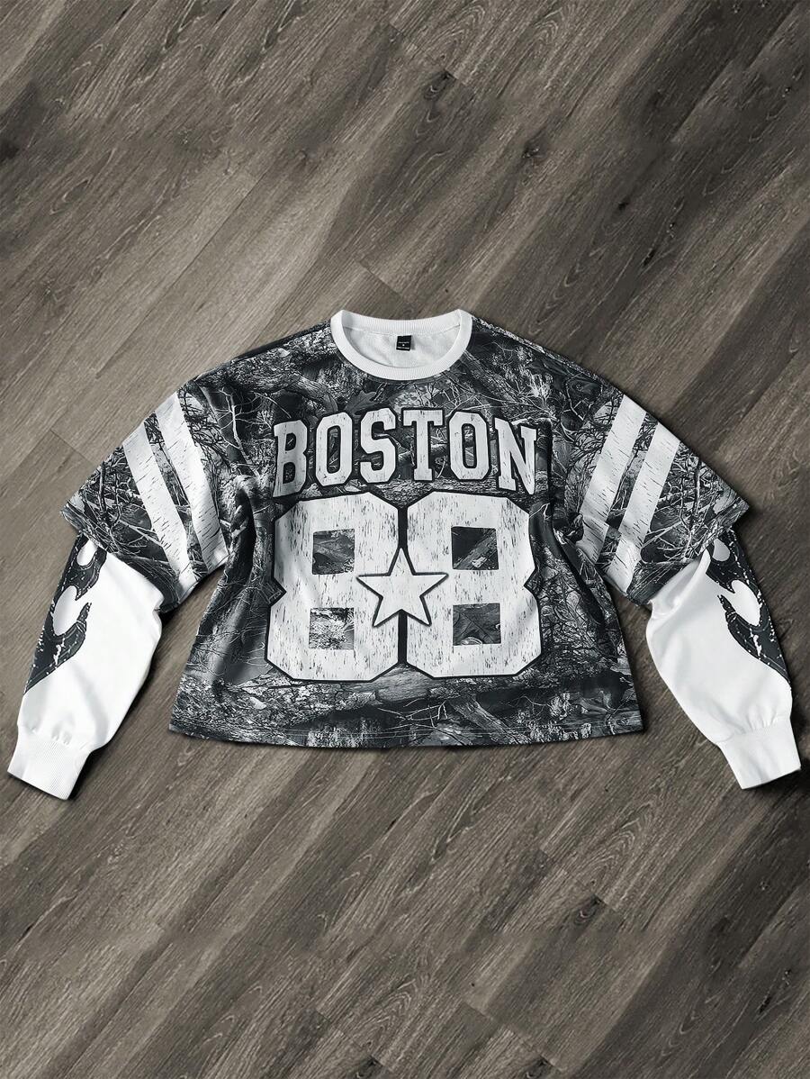 Sudadera informal de manga larga con cuello redondo y estampado de letras y ramas de árbol para hombre de Manfinity Streetrush, ideal para salir en primavera y otoño.