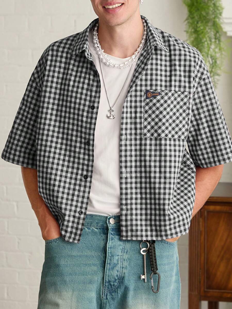 Camisa holgada de manga corta a cuadros para hombre de SWAVVY, corte cuadrado, Y2K