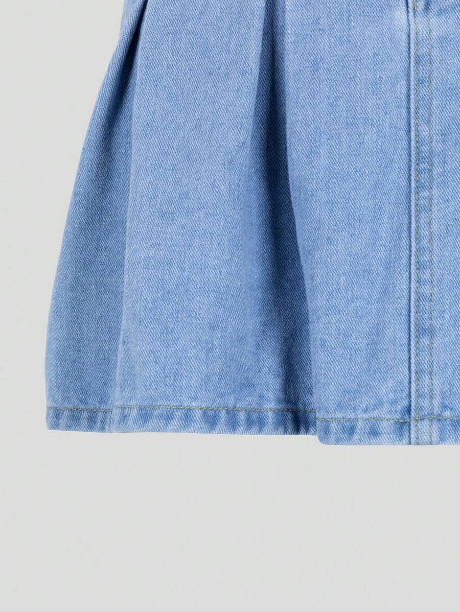 Falda vaquera lavada plisada azul claro, informal, versátil y de moda para niñas preadolescentes con lazo rosa