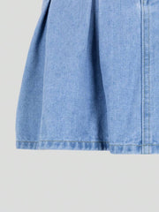 Falda vaquera lavada plisada azul claro, informal, versátil y de moda para niñas preadolescentes con lazo rosa