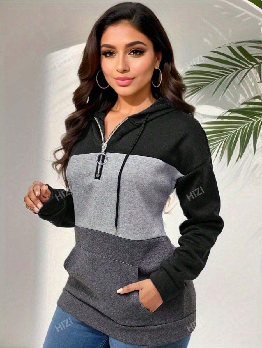 Chaqueta tipo sudadera con capucha, cremallera y cordón ajustable en bloques de color, nueva llegada otoño-invierno