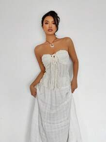 Siren Gaze - Top texturizado con volantes, lazo frontal y hombros descubiertos de color liso para mujer, atuendo para concierto, atuendos para rave, atuendo para festival, atuendo para concierto country, verano