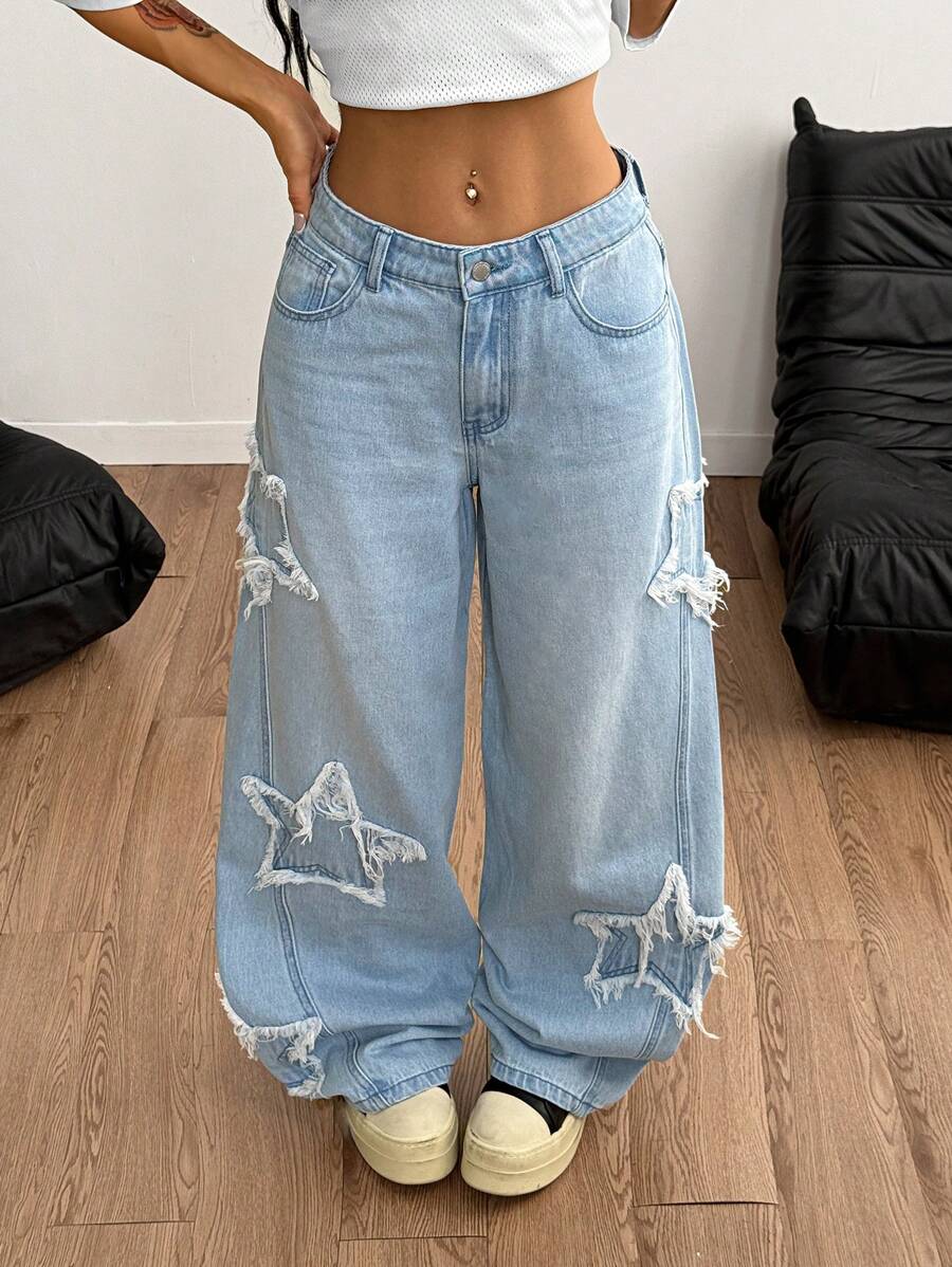 Vaqueros lavados Coolane para mujer, estilo rapero, estilo deportivo, estilo grunge con estampado de estrellas