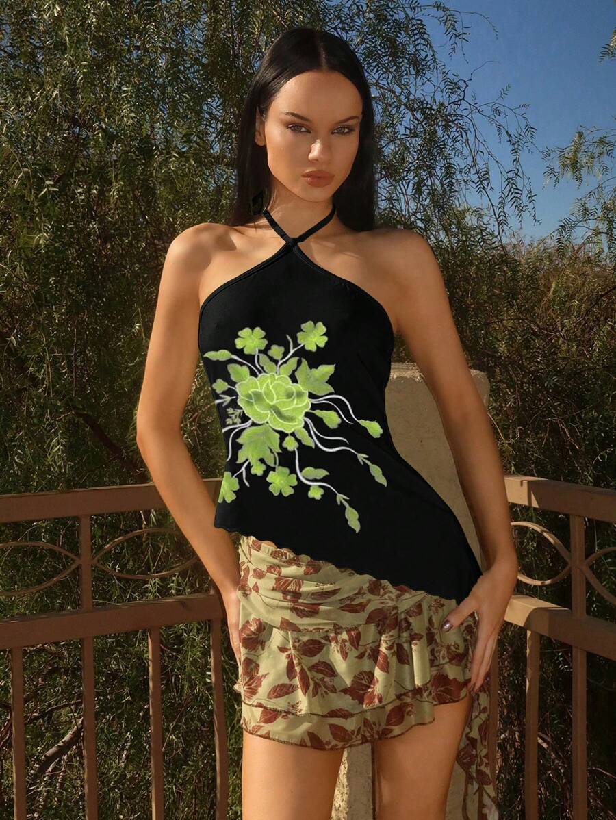 EgrlEra - Camiseta sin mangas con cuello halter, asimétrica, estilo sexy y bordado falso para mujer