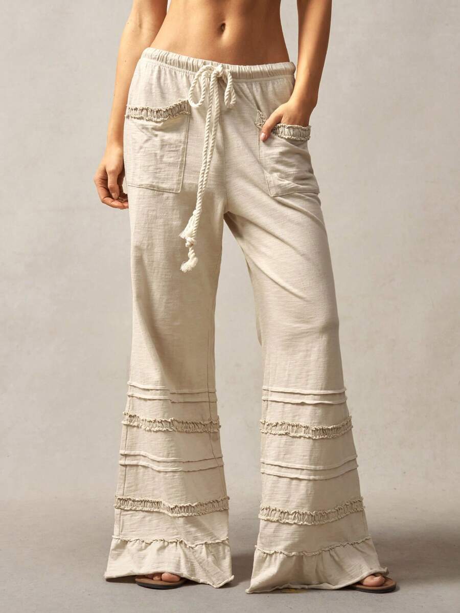 Pantalones de punto acampanados de cintura alta de color liso estilo bohemio Bohemela, primavera-verano