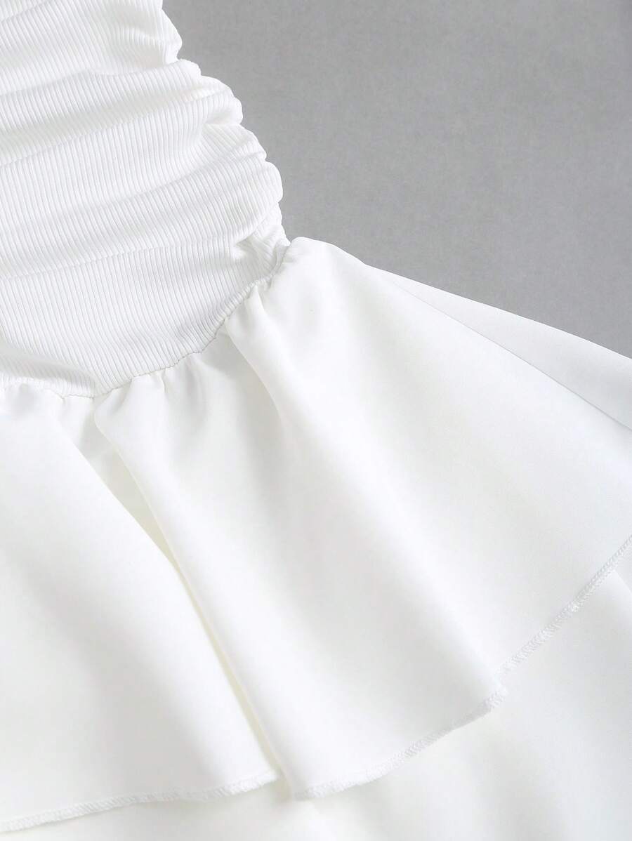 Vestido corto Sweetra de punto negro con cuello en V, espalda abierta, bajo con volantes y cintura fruncida, elegante e informal para mujer, primavera y verano.