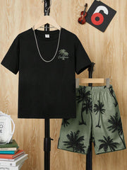 Camiseta y pantalones cortos playeros con estampado de cocoteros para niños preadolescentes