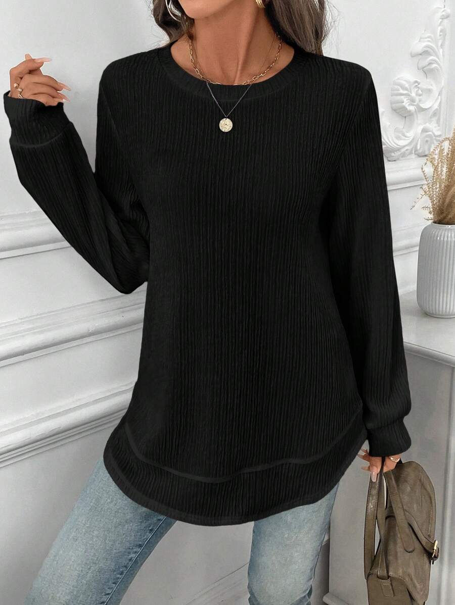 Sudadera LUNE de cuello redondo, dobladillo asimétrico, tejido con textura de gofre, silueta básica, informal y cómoda, para mujer, tops de manga larga
