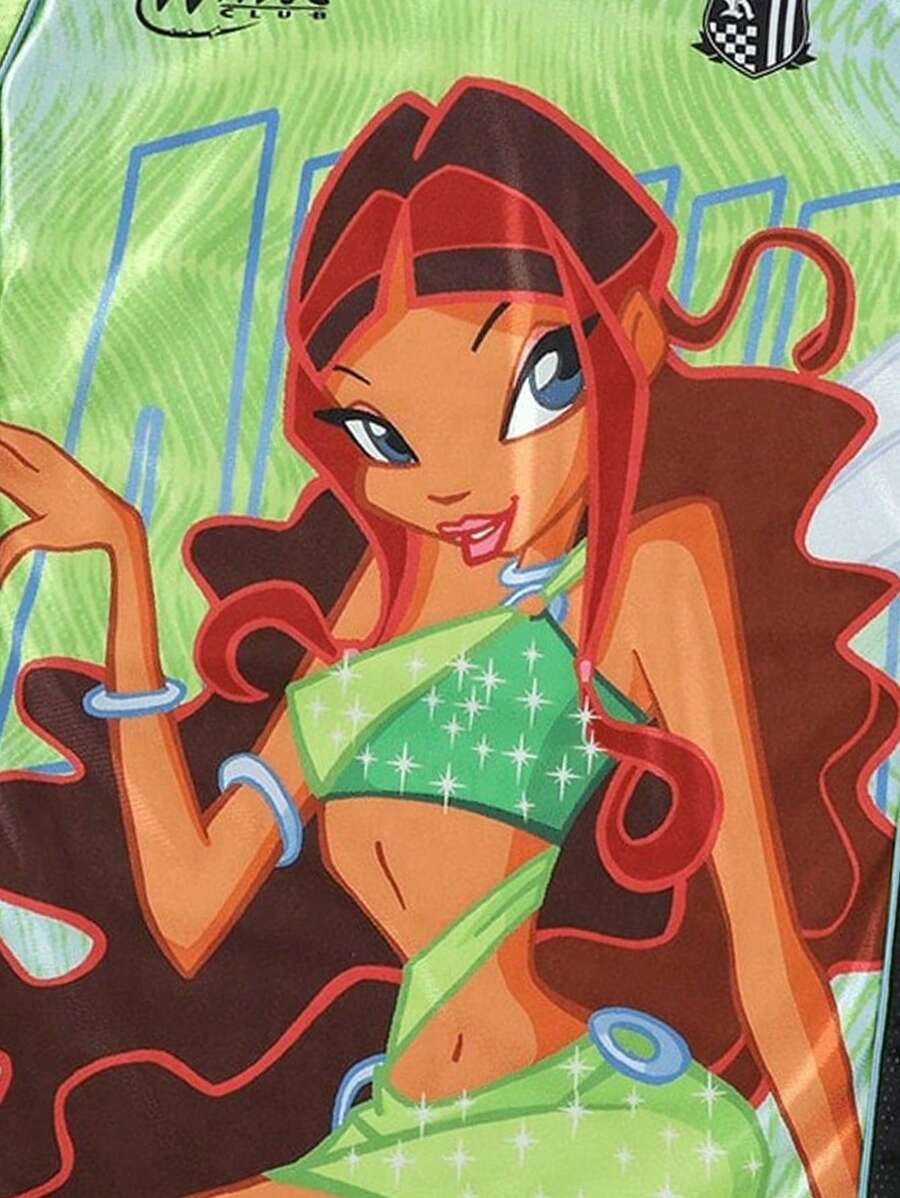 ROMWE MEN Winx Club X ROMWE - Camiseta deportiva de manga corta con diseño de anime y bloques de color, malla y gráfico, para hombre