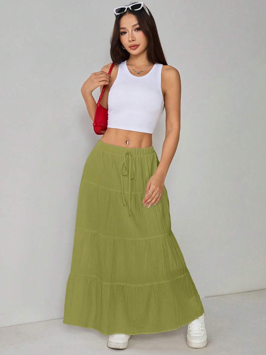Falda larga con volantes y cintura alta de color liso para mujer de PETITE