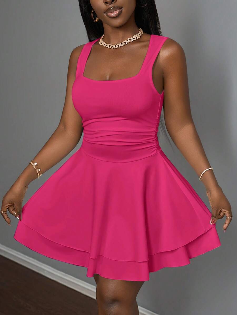 Vestido corto Slaydiva de verano para mujer, informal, básico, deportivo, dulce, con escote cuadrado fruncido y doble capa, corte A
