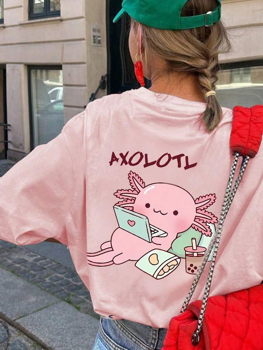 1 camiseta de manga corta con estampado de dibujos animados para niñas preadolescentes, cómoda y moderna para estudiantes y señoritas.
