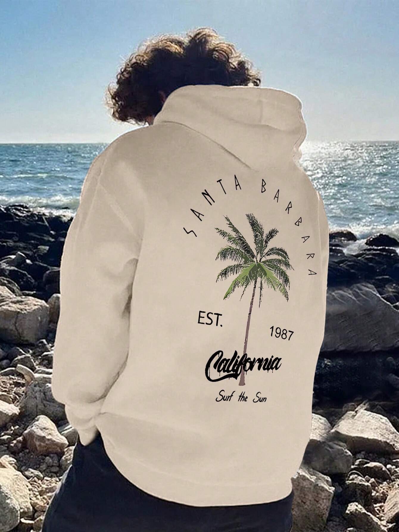 Sudadera informal con capucha para niño preadolescente con estampado de cocoteros, forro térmico grueso para otoño e invierno, ideal para niños activos.