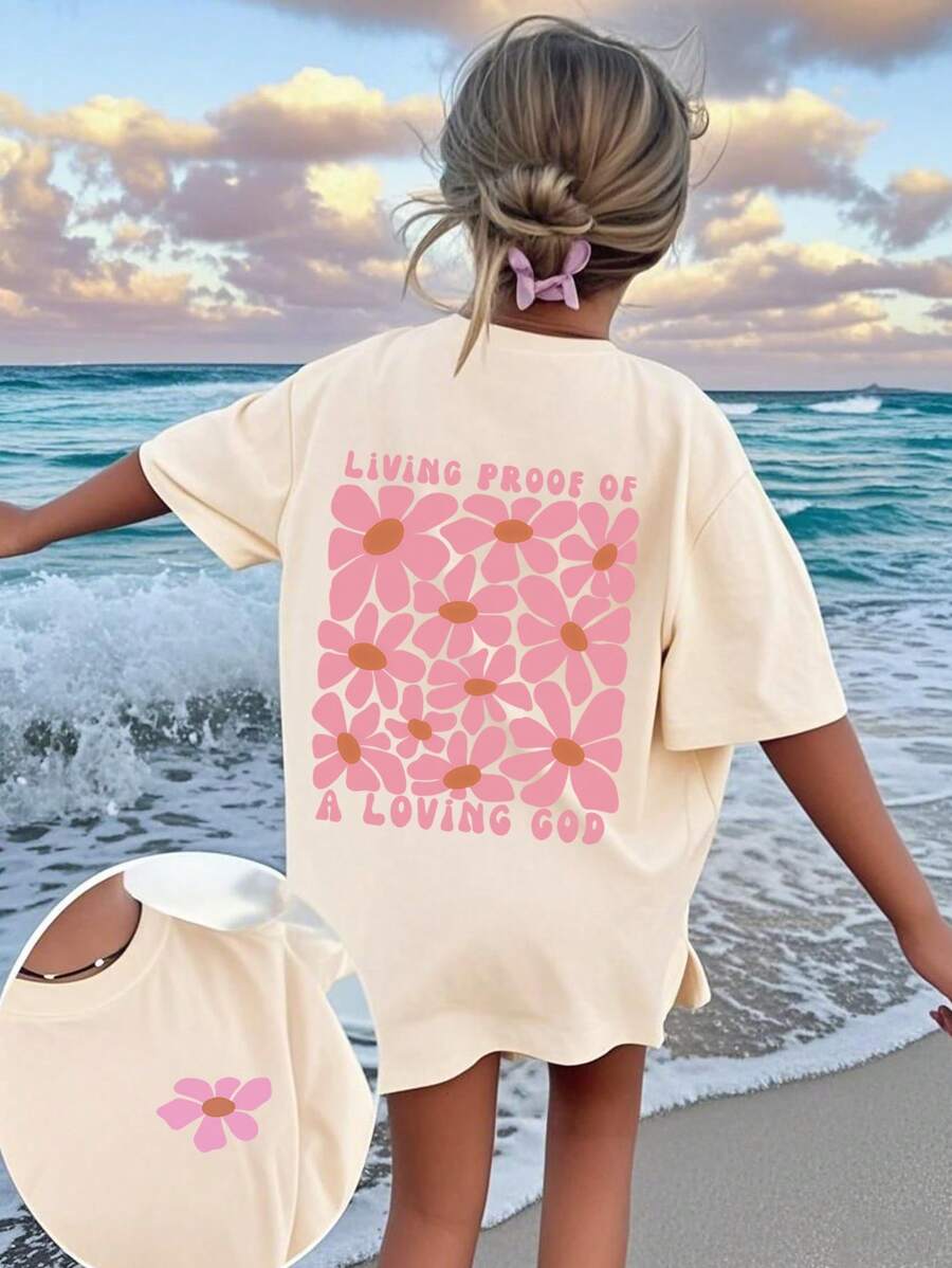 Camiseta de manga corta con estampado floral para niña, top informal de verano para adolescentes, cómoda y a la moda para estudiantes jóvenes.