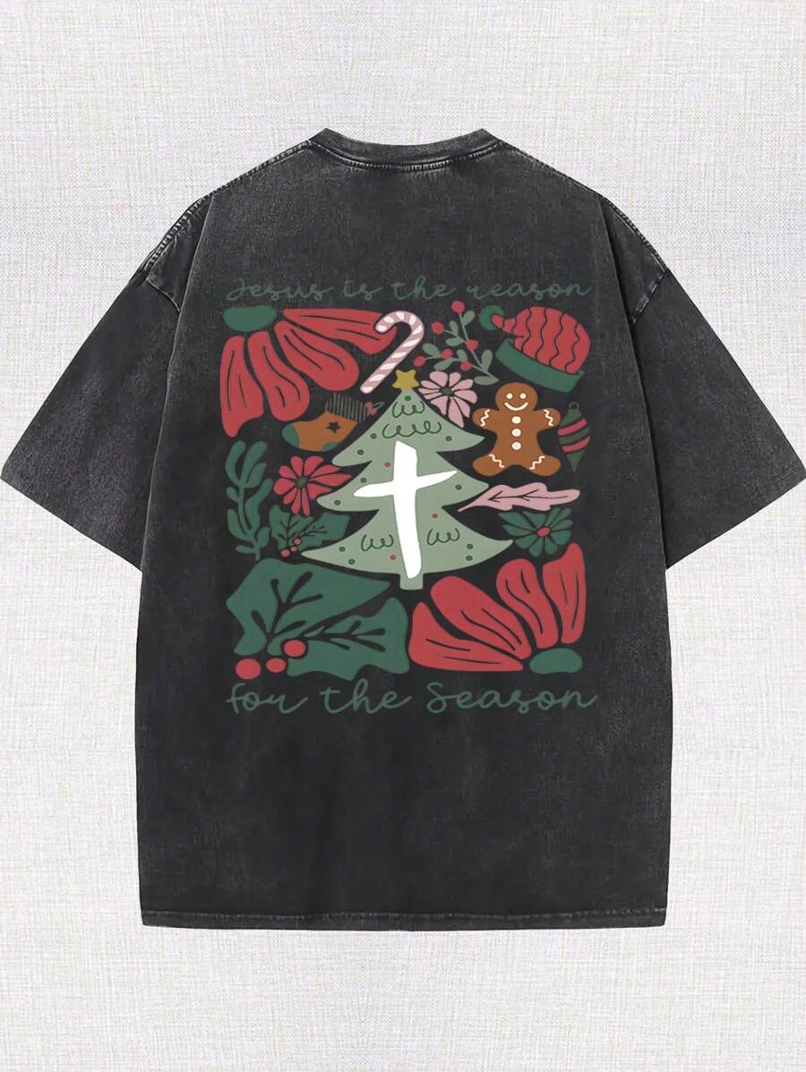 Camiseta retro lavada para hombre, con el estampado de Jesús esta temporada, sencilla y versátil, moda urbana, estilo novedoso, camiseta de cuello redondo de algodón puro.