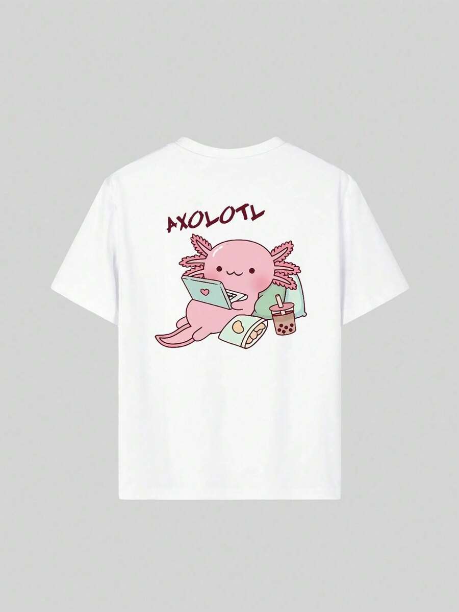 1 camiseta de manga corta con estampado de dibujos animados para niñas preadolescentes, cómoda y moderna para estudiantes y señoritas.