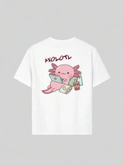 1 camiseta de manga corta con estampado de dibujos animados para niñas preadolescentes, cómoda y moderna para estudiantes y señoritas.
