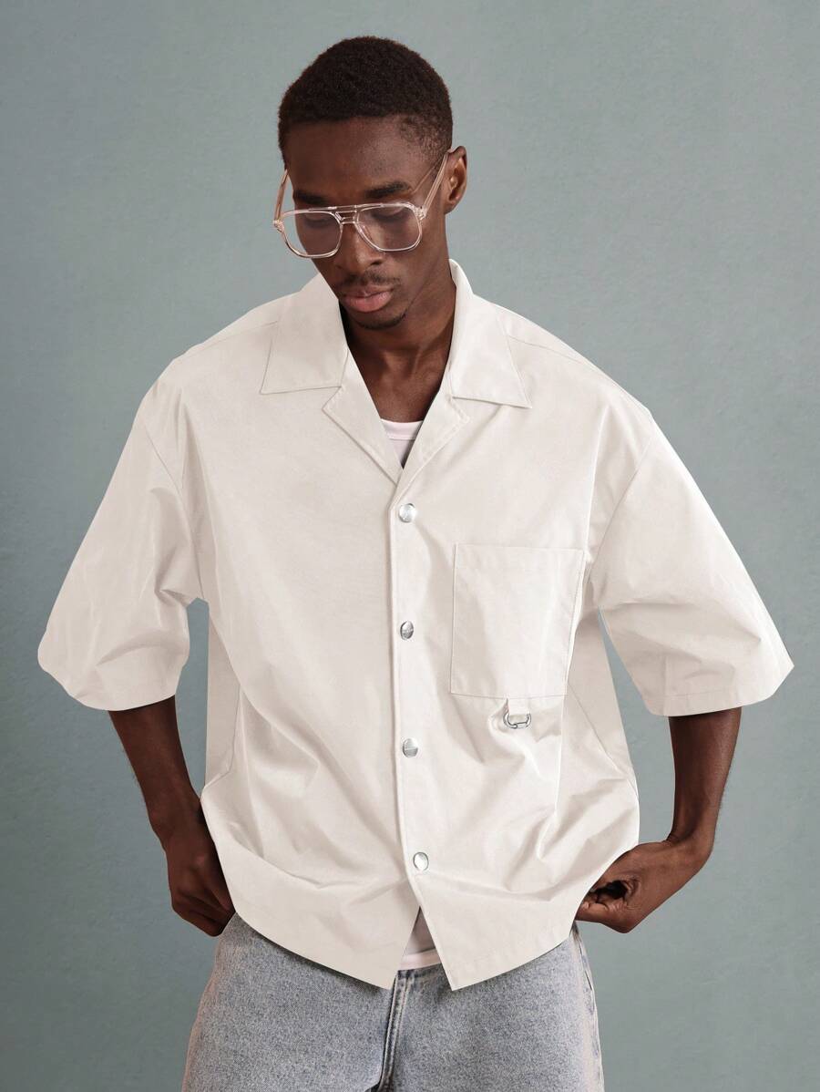 Camisa SUMWON moderna con botones y estampado de mensaje de estilo de vida, estilo urbano, informal, de manga corta, estilo urbano contemporáneo, para verano y otoño.