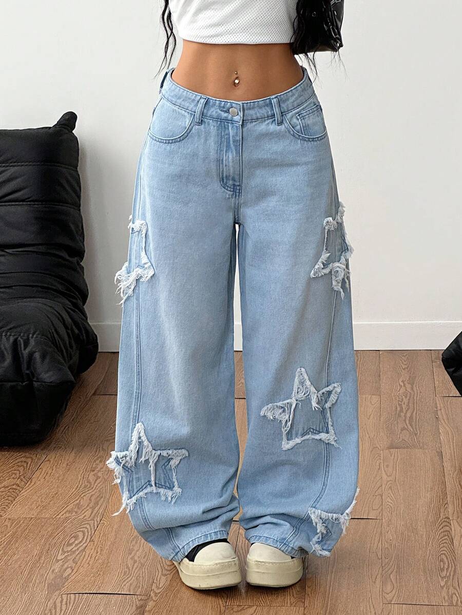 Vaqueros lavados Coolane para mujer, estilo rapero, estilo deportivo, estilo grunge con estampado de estrellas