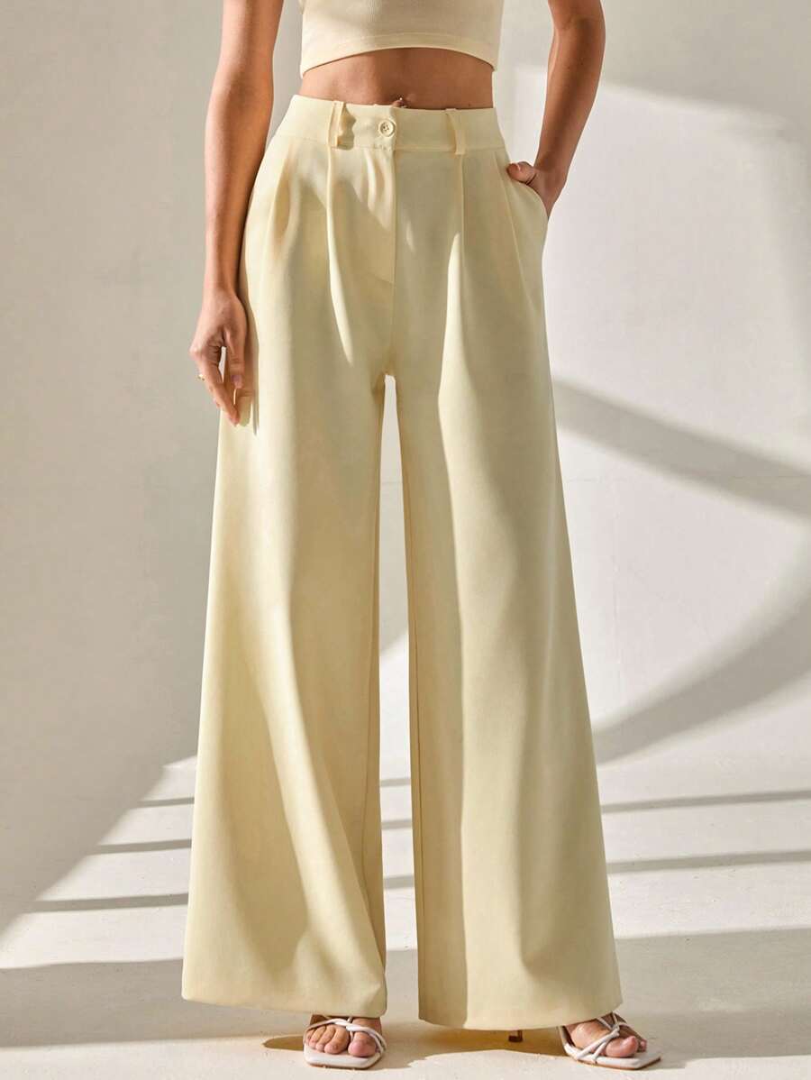 Pantalones de traje elegantes de pierna ancha plisados amarillo mantequilla para mujer CLARA VERO