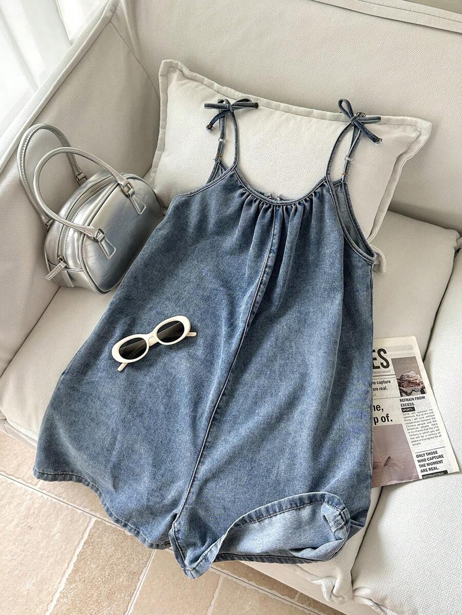 Mono de mezclilla azul holgado con lazo, estilo bohemio, cómodo y sencillo, para niñas preadolescentes, ropa de verano y primavera.