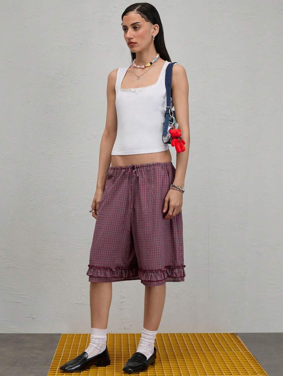COUREZ Check Frill Bermuda Shorts Summer Outfits For Women Summer Dresses Going Out Outfits Casual Y2K Vacation Holiday 100%Cotton 100%Cotton Vintage