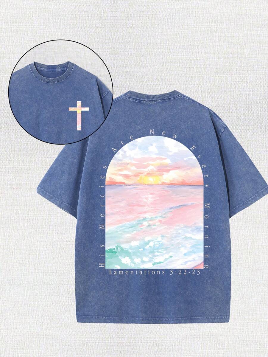 Con una camiseta lavada en la calle retro, su amabilidad es nueva. Estampado de cruz rosa de playa, ropa sencilla, estampado inspirador, ropa personalizada.