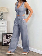Conjunto de traje de lino de verano para mujer de EZwear, con chaleco y pantalón largo holgado, de un solo pecho y color liso