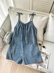 Mono de mezclilla azul holgado con lazo, estilo bohemio, cómodo y sencillo, para niñas preadolescentes, ropa de verano y primavera.