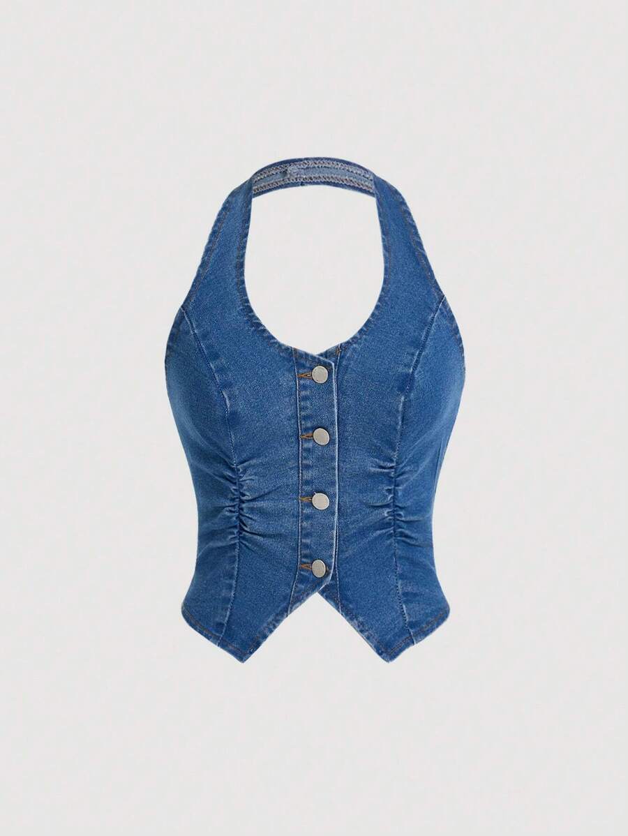 Top corto de mezclilla ajustado con elástico azul Y2K, cuello halter, sin espalda y con tirantes finos ICON