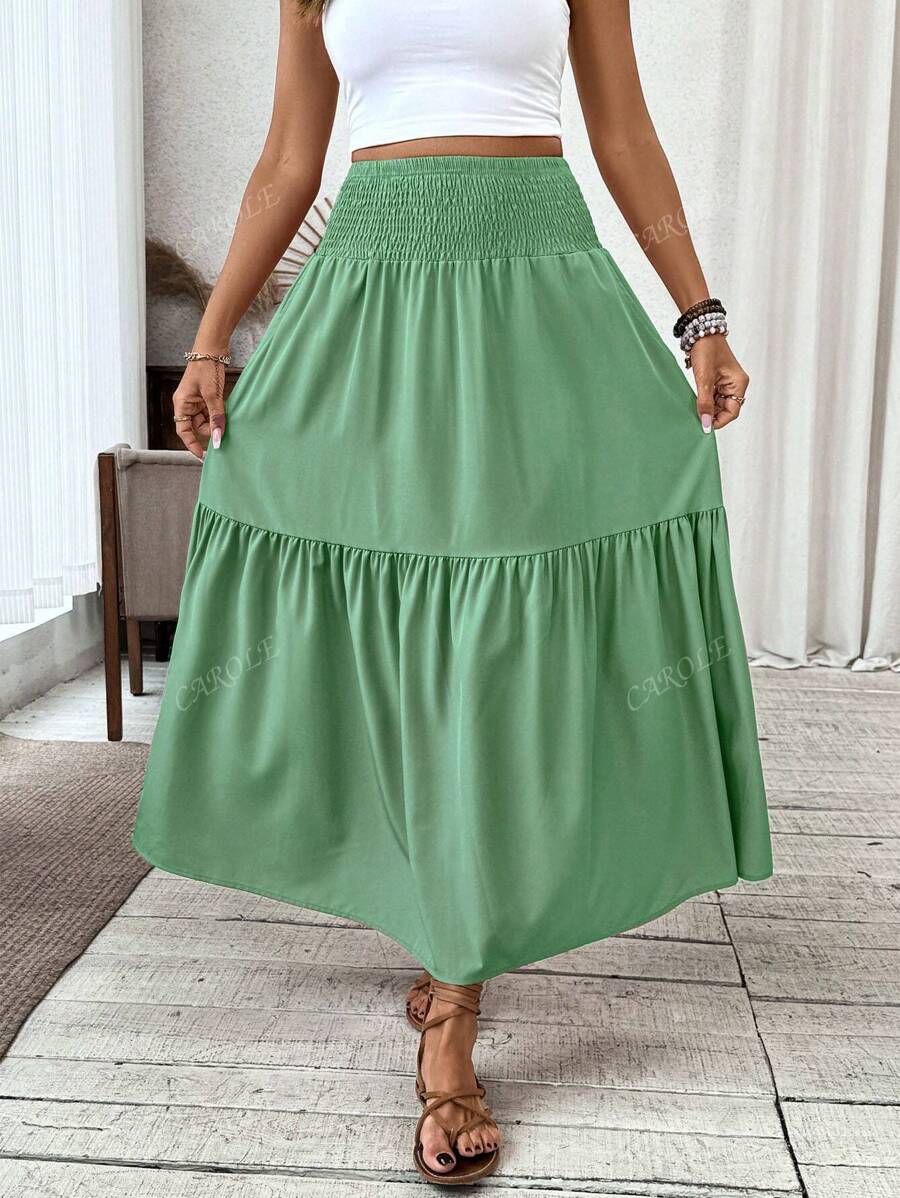 Falda larga informal con estampado floral diminuto para mujer, cintura elástica, bolsillos y bajo con volantes, corte A para verano