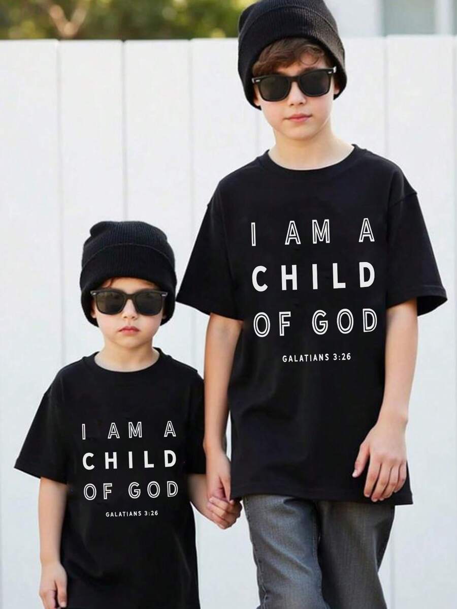 Camiseta informal de manga corta con cuello redondo y estampado de letras azules para niño preadolescente, verano