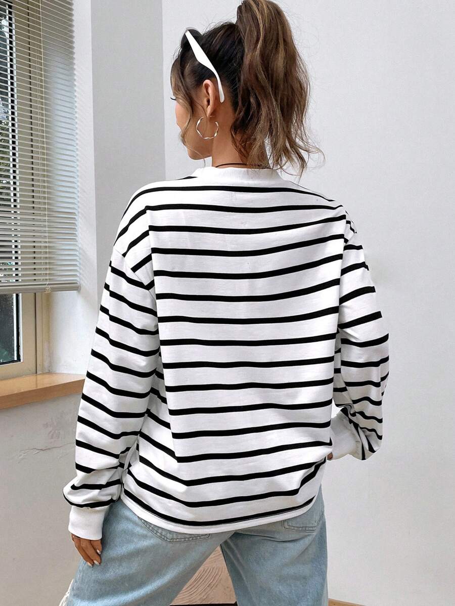 Sudadera con capucha EZwear Spring White Stripe Print con hombros caídos para graduación, regreso a clases, graduación, trajes para maestras para mujer, regreso a clases.