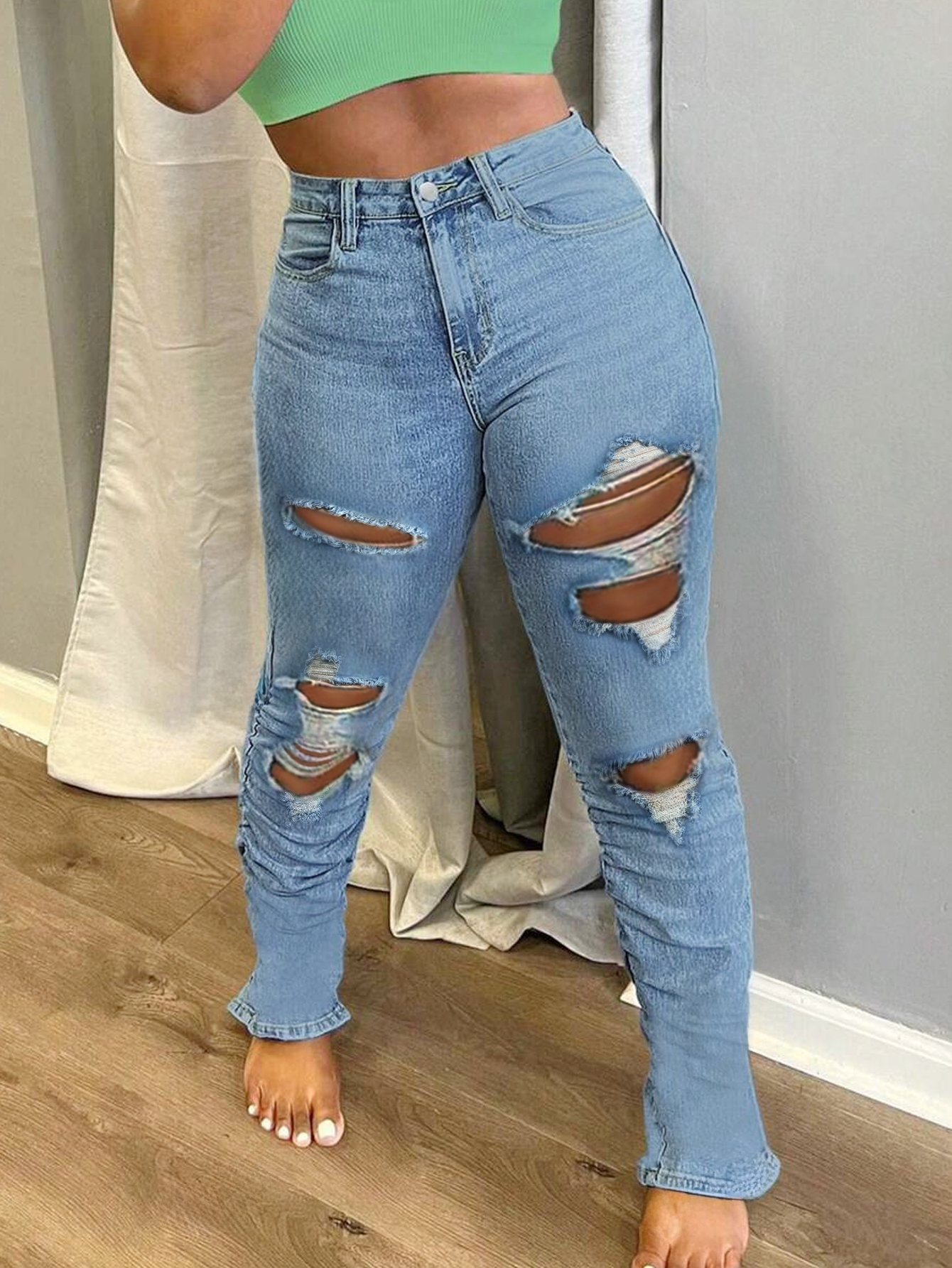 Vaqueros TECCULI ICON para mujer, estilo casual, holgados, rectos y desgastados con detalle de bolsillo