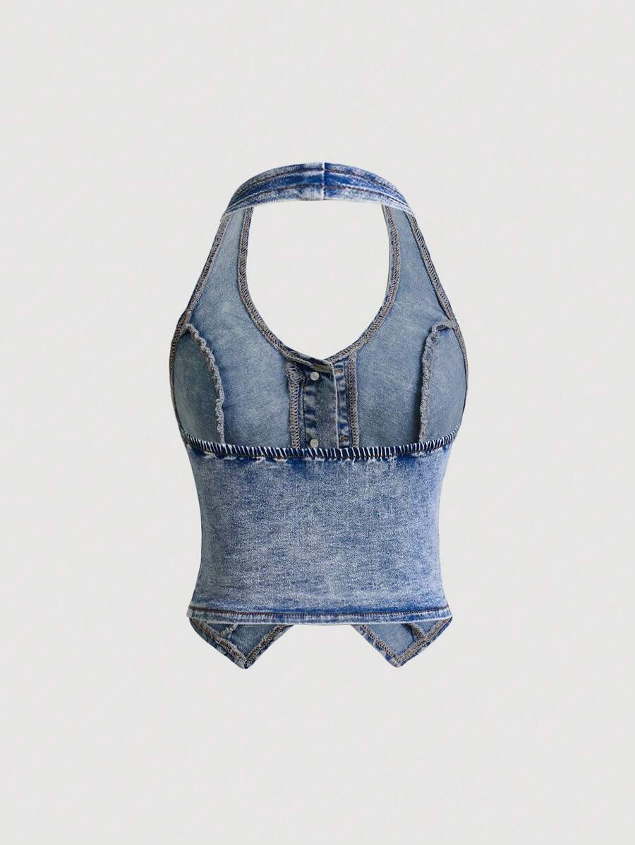 Top corto de mezclilla ajustado con elástico azul Y2K, cuello halter, sin espalda y con tirantes finos ICON