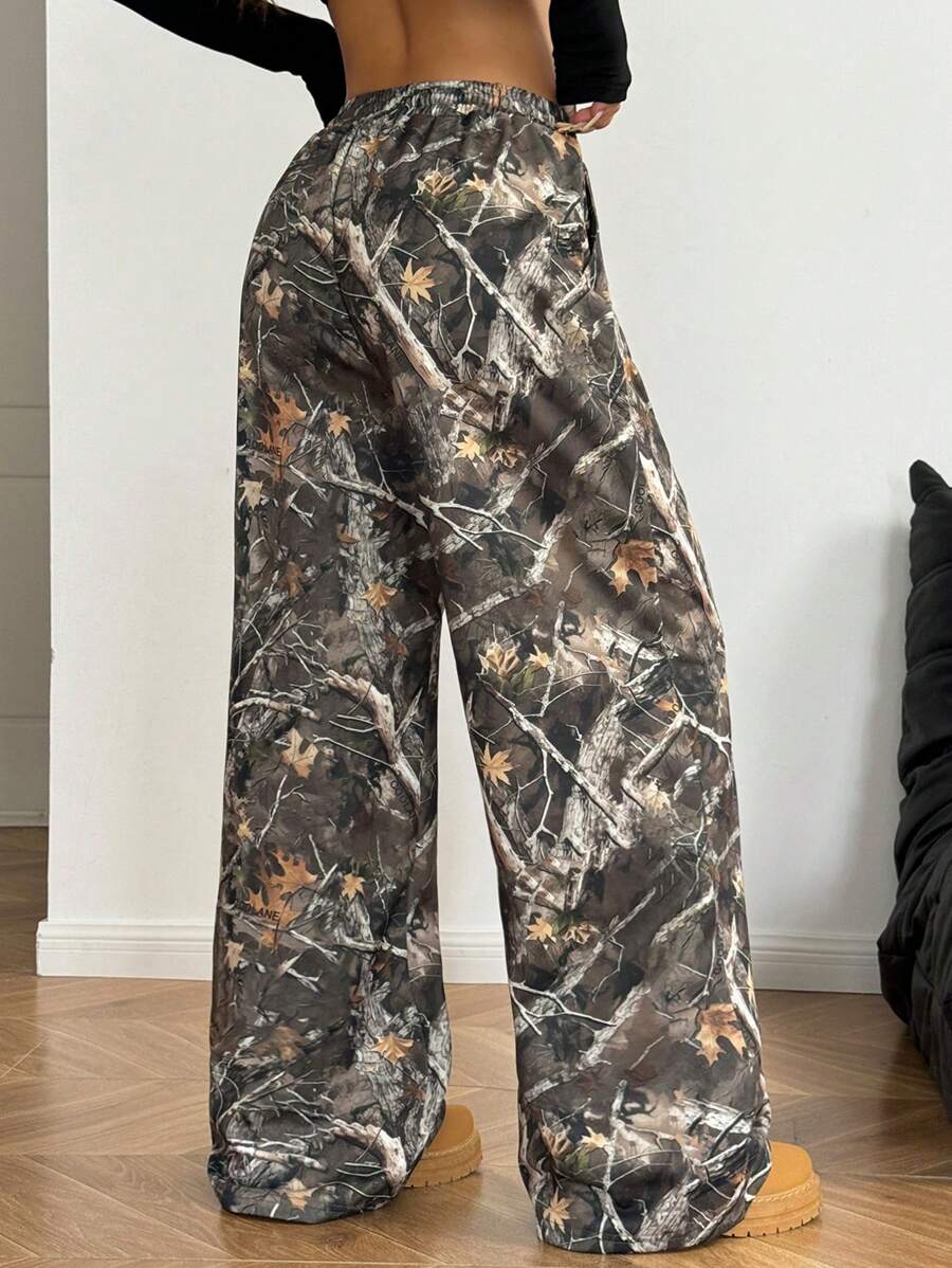 Pantalones anchos con cintura con cordón y estampado de camuflaje informal para mujer de Coolane para primavera y verano