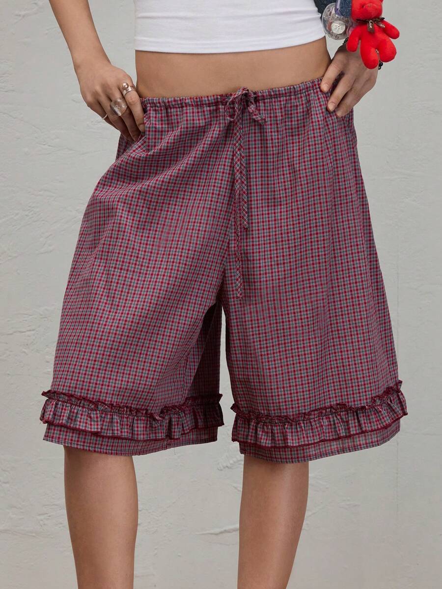 COUREZ Check Frill Bermuda Shorts Summer Outfits For Women Summer Dresses Going Out Outfits Casual Y2K Vacation Holiday 100%Cotton 100%Cotton Vintage