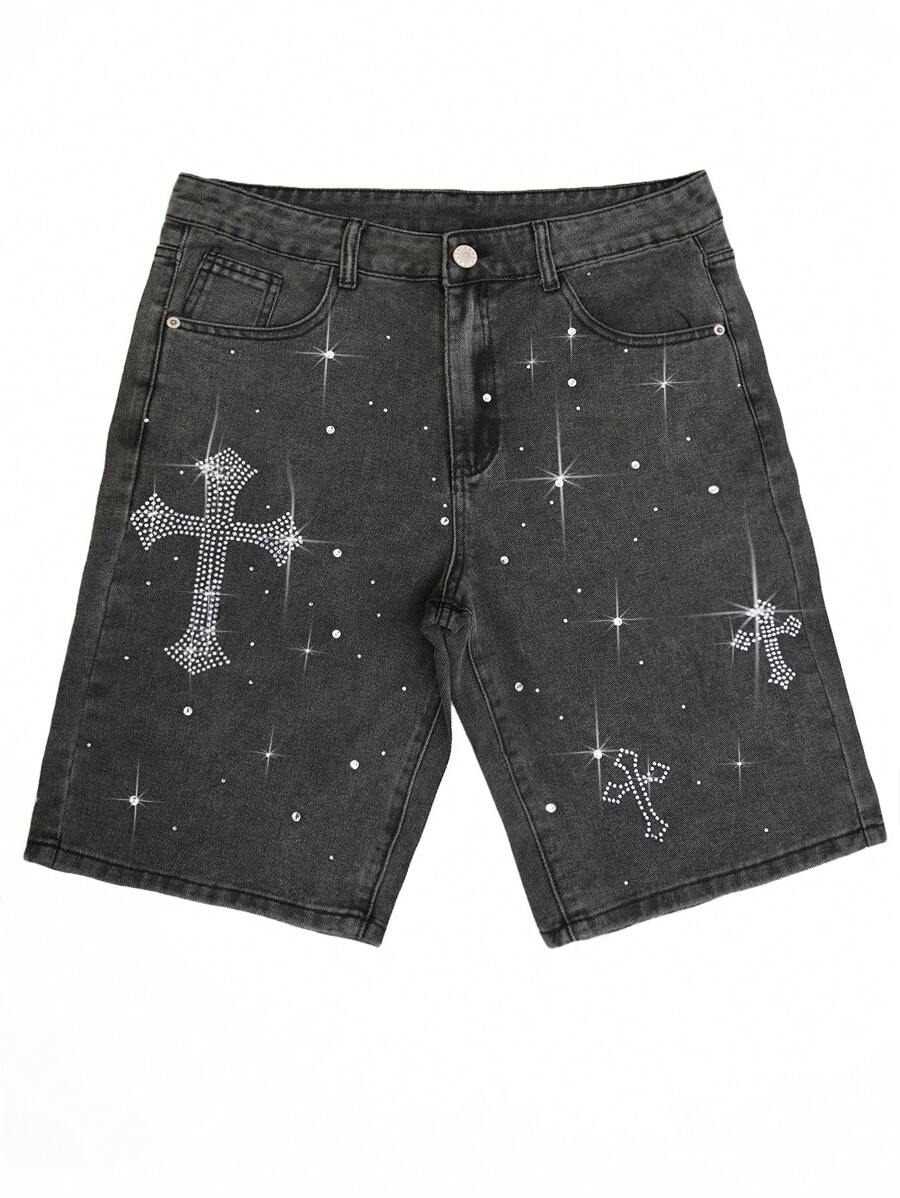 Pantalones cortos vaqueros casuales de verano para hombre con bolsillos oblicuos y decoración de diamantes de imitación