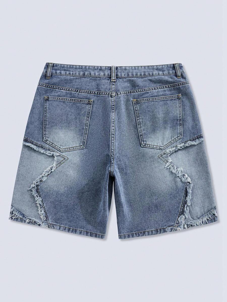 ROMWE MEN Street Life - Pantalones cortos vaqueros casuales versátiles con bolsillo y flecos de estrella de cinco puntas para hombre
